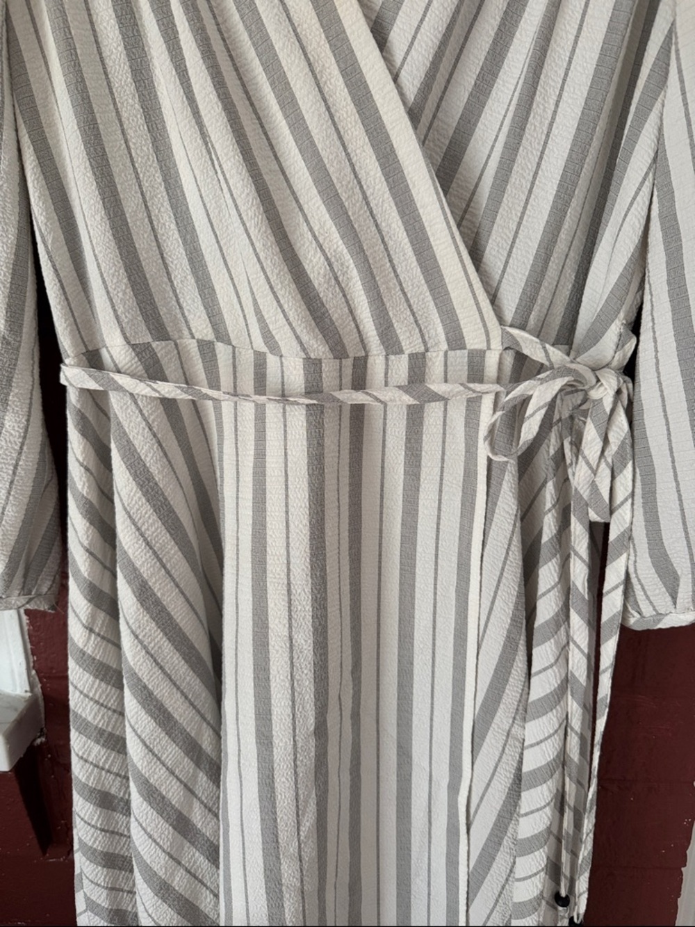 Calvin Klein White and Gray Striped Wrap Midi Dress with Tie Waist - Picture 5 of 9